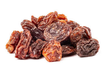 Dried raisins isolated on white background.