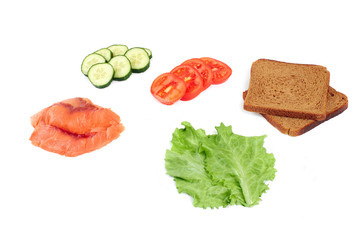 Ingredients for making sandwich. Salmon, fresh vegetables, cucumber, tomatoes, bread,. Isolated on white background,