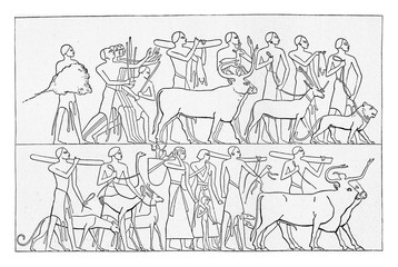 Egyptian warriors bringing captives, spoils of war and rare animals from the land of negroes, vintage illustration. © Morphart