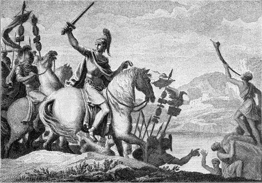 Julius Caesar enters the campaign, vintage illustration.