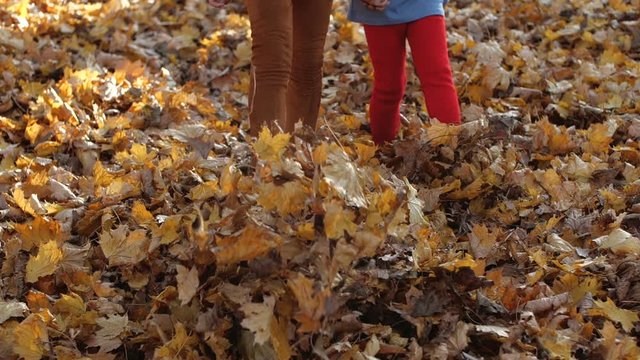 Two girls walk in the park in the fall. A close-up of the legs of  two children kicking the yellow leaves that cover the ground. Carpet of leaves. 200 fps slow motion