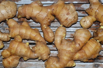 Old ginger placed in bamboo containers
