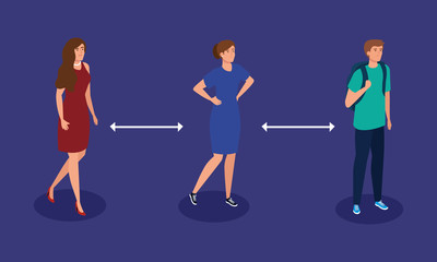social distancing, keep distance in public society to people protect from covid 19, group young people vector illustration design