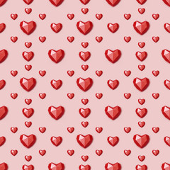 Seamless pattern with volumetric paper hearts red colored. Valentines day background. Geometric ornament.
