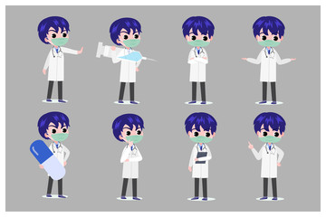 Set of cartoon doctor wearing mask in various pose . Coronavirus covid 19 concept. Character design Flat vector illustration.