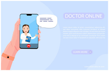 Online doctor consultation via your smartphone. Human hand is holding phone with video call to doctor. Woman therapist gives an advice online. Concept for medical app and web. Flat vector illustration
