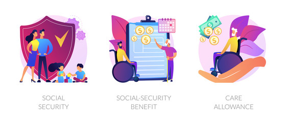 Families with children protection. Disabled and retired people financial support. Social security, social-security benefit, care allowance metaphors. Vector isolated concept metaphor illustrations