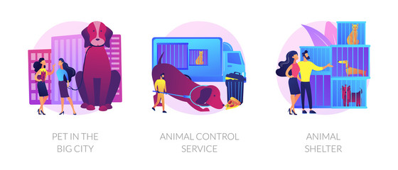 Municipal stray dogs control service. Homeless animals adoption center. Pet in the big city, animal control service, animal shelter metaphors. Vector isolated concept metaphor illustrations