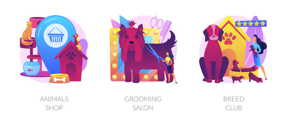 Luxury domestic animals toys and care products store. Professional groomer services. Animals shop, grooming salon, breed club metaphors. Vector isolated concept metaphor illustrations