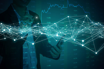 Businessman Concept. Mixed media. Business and Network concepts. Stock Exchange and Investment Concept. Economic Analyst and Stock market analyst. Technology and connected networks.