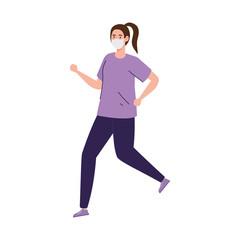 woman running using medical protective mask against covid 19 vector illustration design