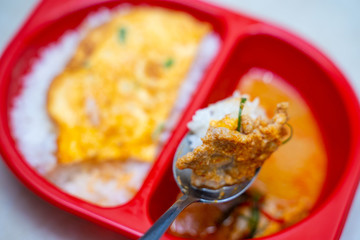 pork panaeng curry with rice and omelet