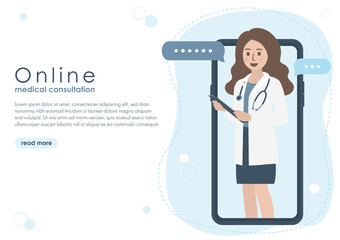 Smartphone screen of female doctor with stethoscope and patient medical records. Online doctor, medical consultation and healthcare concept. Flat vector illustration. Copy space