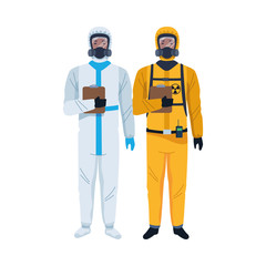 Fototapeta premium workers wearing biosafety suits characters