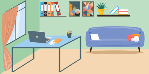Interior of the living room. Vector banner. Design of a cozy room with sofa, window, decor accessories and work desk. Vector illustration about interior
