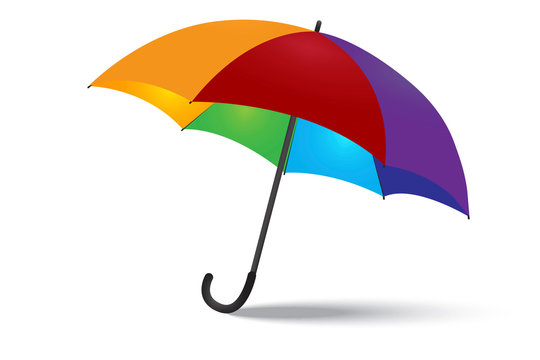 Vector image of rainbow rain umbrella. Isolated image of a 3d parasol. Stock Photo.