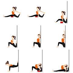 Stretching with a wall and blocks yoga asanas set/ Stylized woman practicing intense stretching with props
