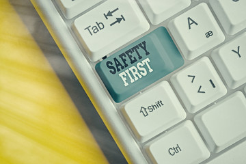 Word writing text Safety First. Business photo showcasing used to say that the most important thing...