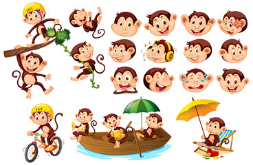 Set of cute monkeys with different facial expressions