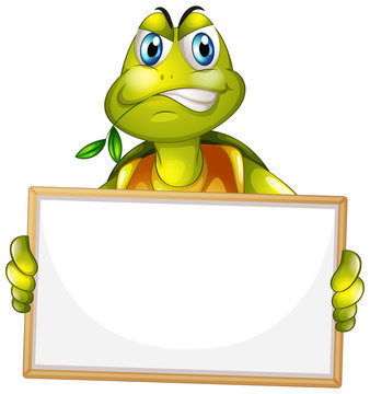 Blank sign template with angry turtle on white background