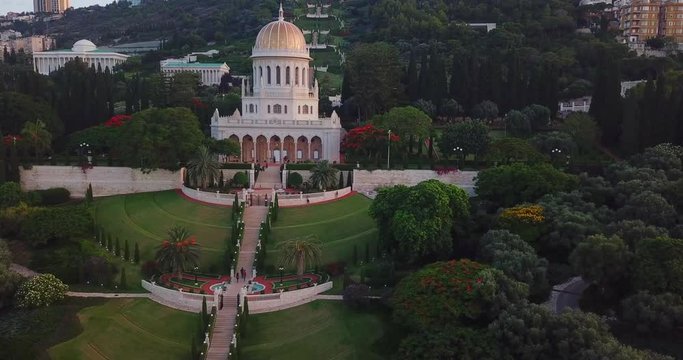 Aerial approach of Mausoleum of B&aacute;b on Mount Carmel in Israel