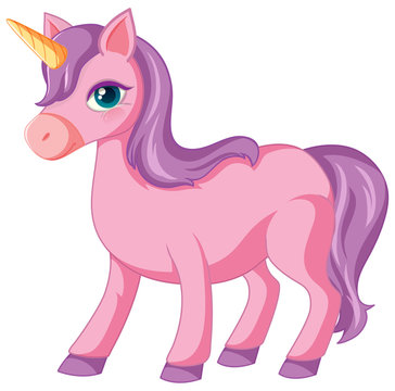 Cute purple unicorn in standing position on white background