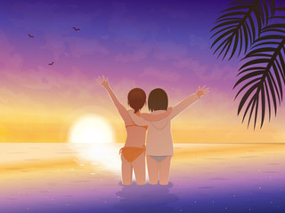 Fototapeta premium 美しいサンセット 海と女性の風景イラスト