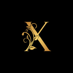 Golden floral letter X logo Icon, Luxury alphabet font initial vector design isolated on black background.