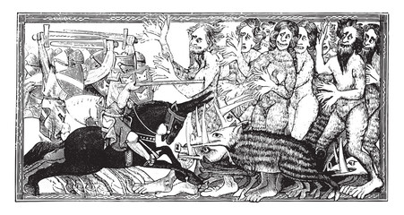 Alexander the Great fight of men with six hands, vintage illustration.