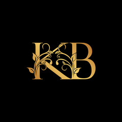 Golden floral letter K and B, KB logo Icon, Luxury alphabet font initial vector design isolated on black background.