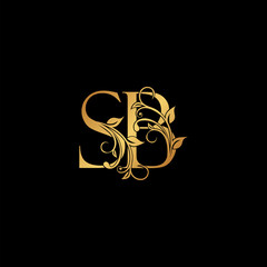 Golden floral letter S and B, SB logo Icon, Luxury alphabet font initial vector design isolated on black background.