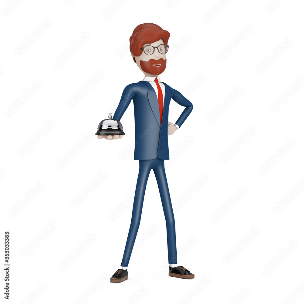 Poster cartoon character businessman with desk service bell ring in hand. 3d rendering