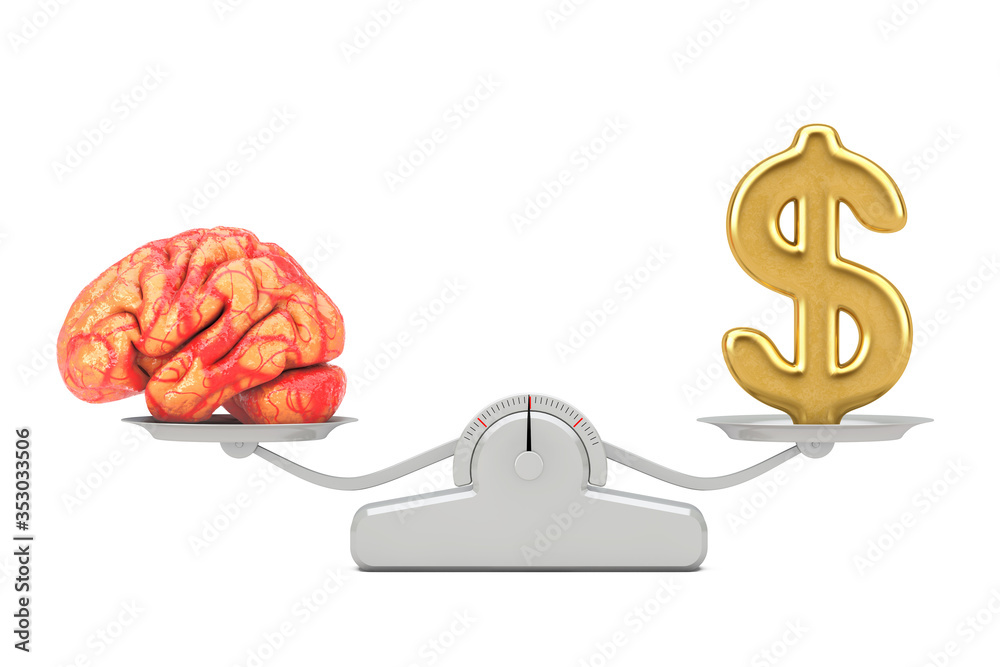Poster Golden Dollar Sign with Brain Balancing on a Simple Weighting Scale. 3d Rendering