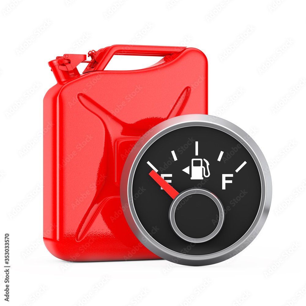 Poster Fuel Dashboard Gauge Showing a Empty Tank in front of Red Metal Jerrycan. 3d Rendering