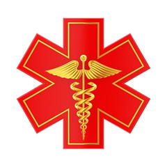 Red Medical Emergency Star Of Life with Gold Caduceus Medical Symbol. 3d Rendering