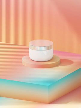 Cosmetic product on the circle podium with pastel color background.3d rendering