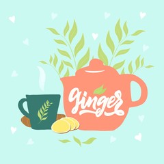 Illustration of hand draw teapot, cup, text Ginger tea, vapor, leaves, piece of root, hearts blue background. Vector.