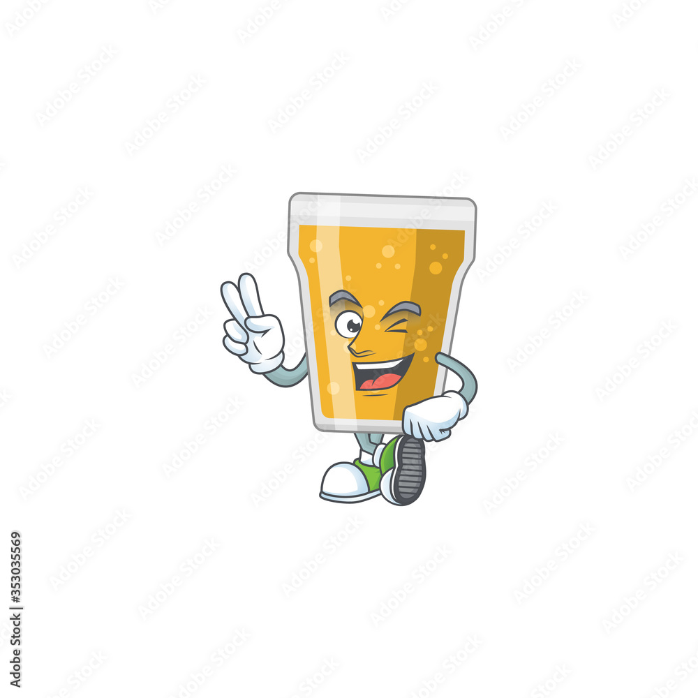 Wall mural smiling mug of beer cartoon mascot style with two fingers