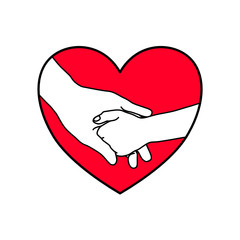 The black outline of child hand is gentle holding the hand of the dad with love and happy in the red heart shape. Family stay together. Holiday spending time. love and give concept.