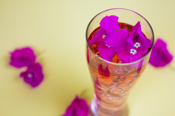 Pink cocktail with ice cubes and flowers on a yellow background