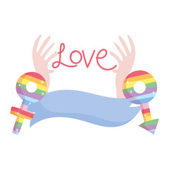 lgtbi female and male genders ribbon and hands with love text vector design