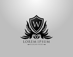 W Letter Logo. Inital W Majestic King Shield Black Design for  Boutique,  Hotel, Photography, Jewelry, Label.