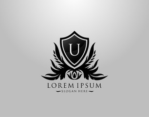 U Letter Logo. Inital U Majestic King Shield Black Design for  Boutique,  Hotel, Photography, Jewelry, Label.