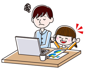 Illustration of man working from home while child making noise