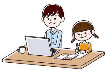 Fototapeta na wymiar Illustration of man working from home and child doing homework