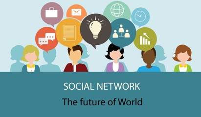 Social media network. Growth background with lines, circles and integrate flat icons. Connected symbols for digital, interactive, market, connect, communicate, global concepts. Vector illustration