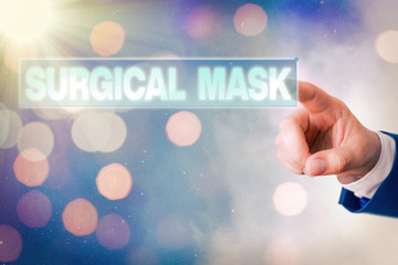 Writing note showing Surgical Mask. Business concept for worn by health professionals during...