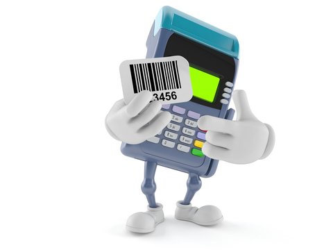 Credit card reader character holding barcode