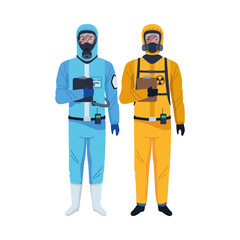 workers wearing biosafety suits characters