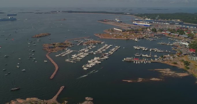 Breathtaking View Overlooking Hanko Marina, Finland, Northern Europe. Aerial Pan